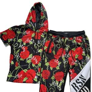 Reason Brand Hoodie short sleeve and SweatPants set- red roses, work out, comfy
